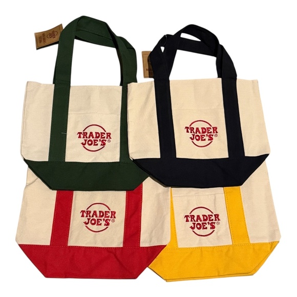 Trader Joe's Mini Canvas Tote Bag Set Of 4 Red Blue Green Yellow - Picture 1 of 2